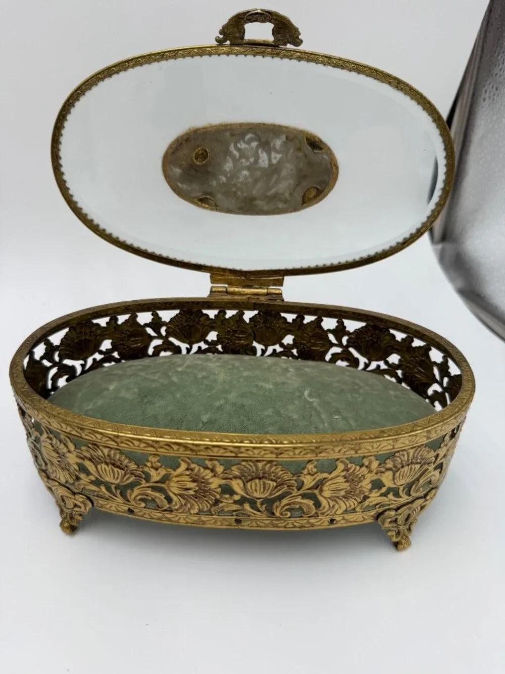 Vintage Gold Vanity Set With Hand Mirror Comb Brush Tray Jewelry Box & Small Fra